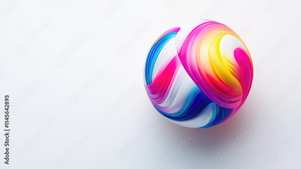 Obraz premium Colorful volleyball ball on a clean white background showcasing vibrant pink, yellow, and blue swirls for sports and recreation concepts
