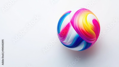 Colorful volleyball ball on a clean white background showcasing vibrant pink, yellow, and blue swirls for sports and recreation concepts photo