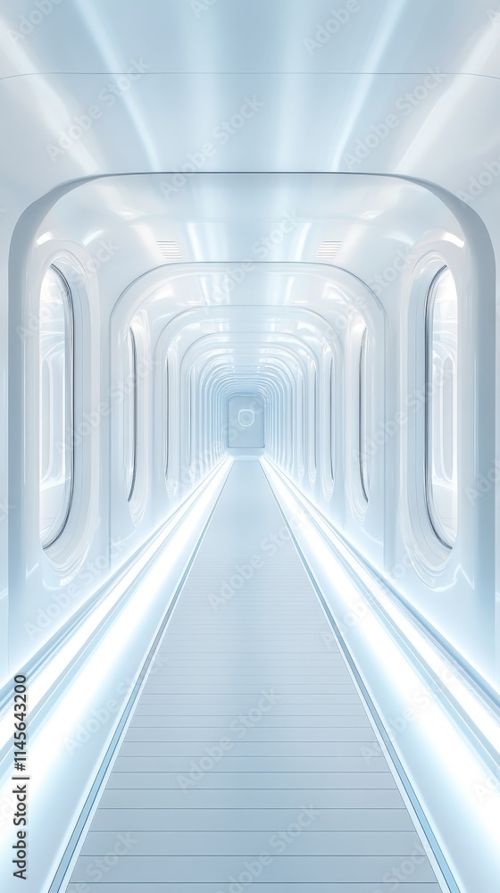 A long, narrow hallway with white walls and a white ceiling A long, narrow hallway with white walls and a white ceiling