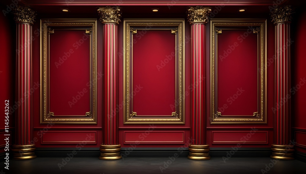 Red wall with gold columns and ornate frames Red wall with gold columns and ornate frames