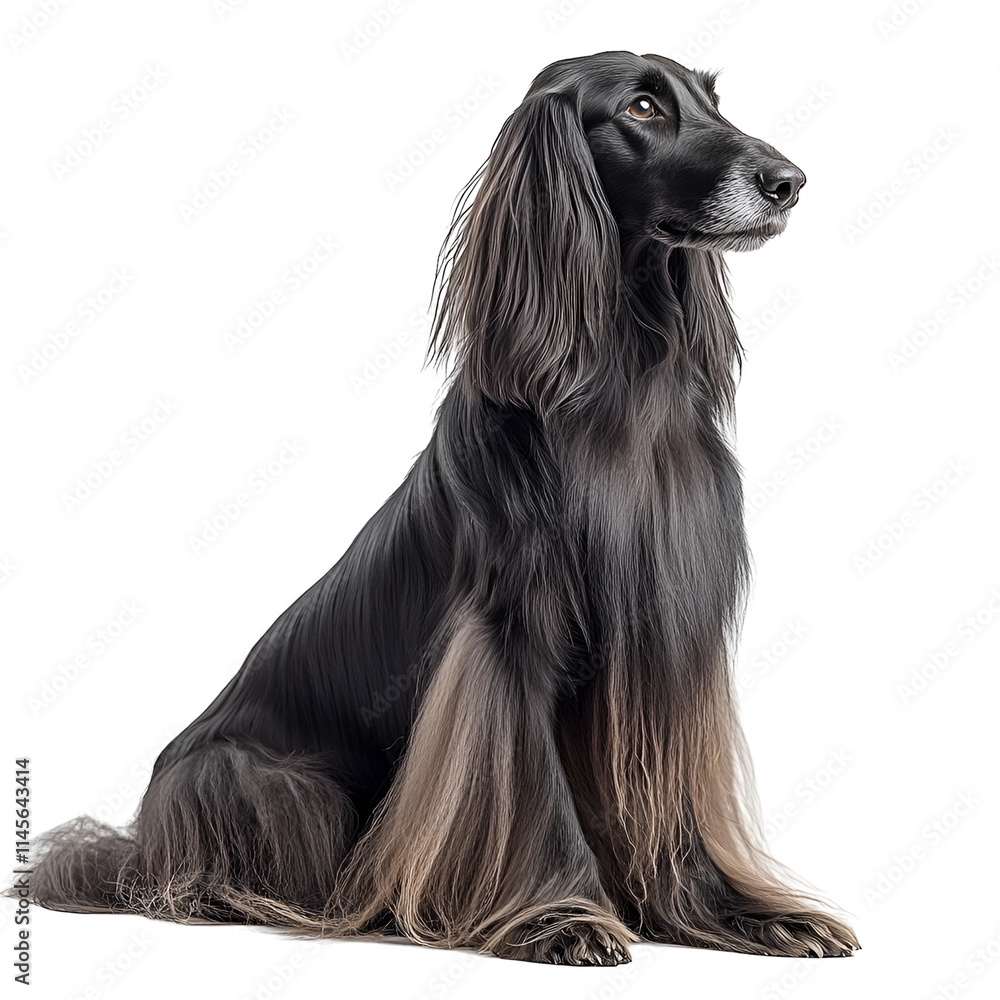 Angled view full body shot of an extremely perfect looking single Afghan Hound animal isolated on a white transparent background Angled view full body shot of an extremely perfect looking single Afghan Hound animal isolated on a white transparent background
