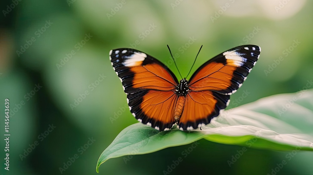 Macro natural idea. A vibrant orange butterfly resting on a green leaf, showcasing nature's beauty. Macro natural idea. A vibrant orange butterfly resting on a green leaf, showcasing nature's beauty.