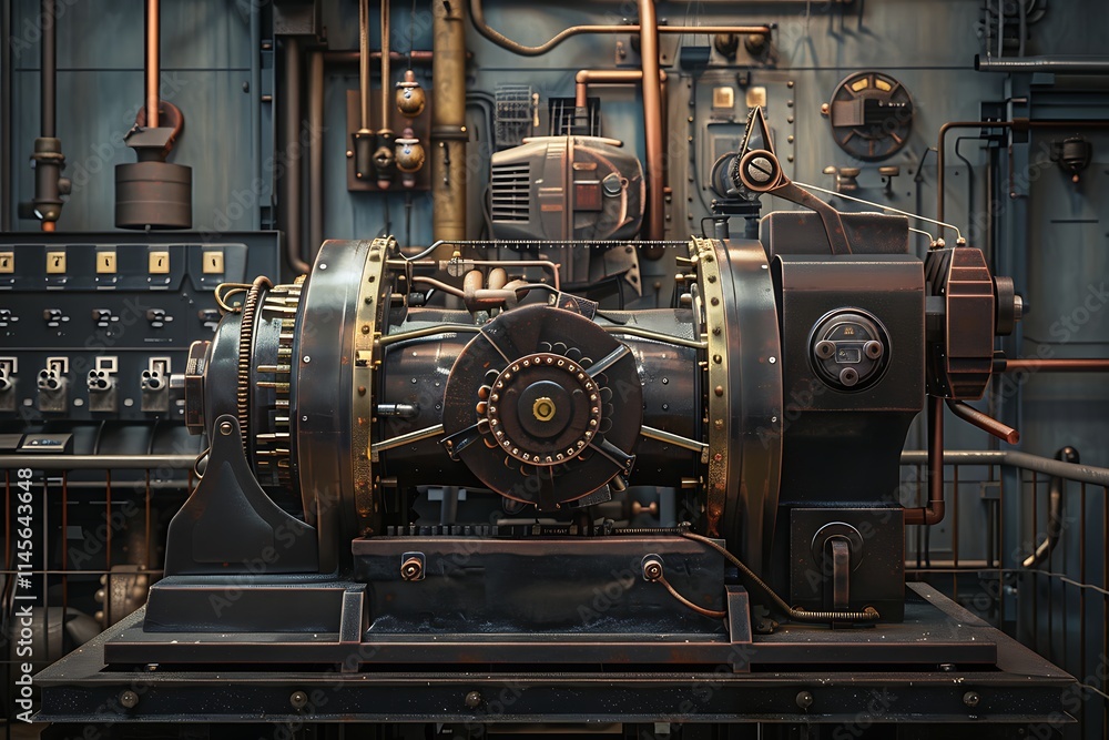 Closeup of a detailed steampunkstyle engine, showcasing intricate gears, pipes, and metallic components. The image evokes a sense of industrial power and Victorianera technology. Closeup of a detailed steampunkstyle engine, showcasing intricate gears, pipes, and metallic components. The image evokes a sense of industrial power and Victorianera technology.
