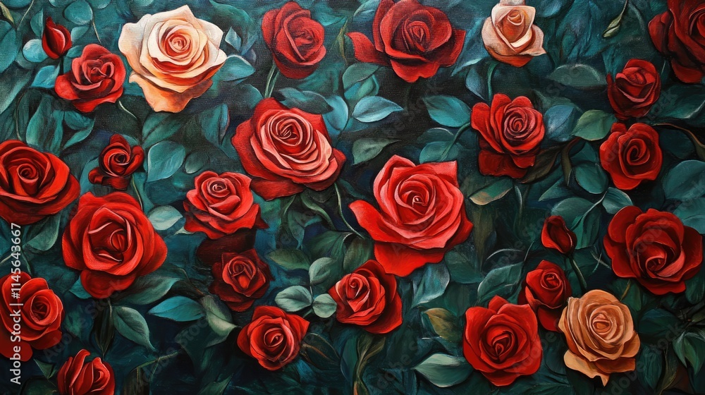 Vibrant Red and Pink Roses Surrounded by Lush Green Leaves in Artistic Floral Arrangement Vibrant Red and Pink Roses Surrounded by Lush Green Leaves in Artistic Floral Arrangement