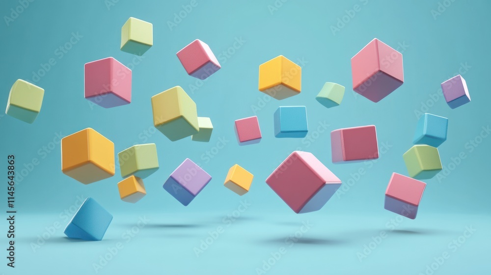 Floating Pastel Cubes in a Blue Sky: A Playful 3D Render Floating Pastel Cubes in a Blue Sky: A Playful 3D Render