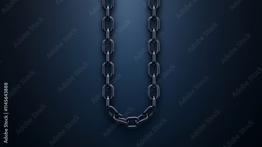 Intriguing closeup, a single long link of black chain on dark textured background Intriguing closeup, a single long link of black chain on dark textured background
