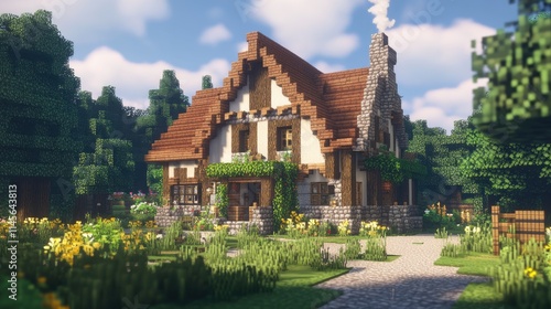 Wallpaper Mural Charming traditional farmhouse surrounded by lush greenery and vibrant flowers in a picturesque rural landscape. Torontodigital.ca