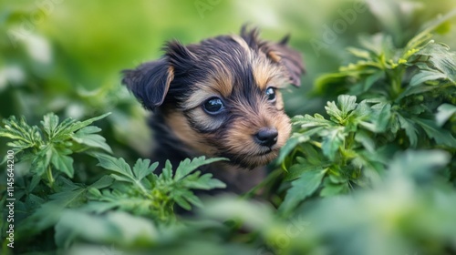 草むらから顔を出す子犬 photo