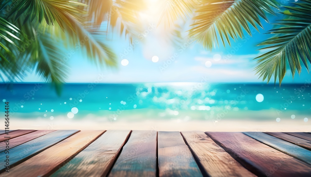 Scenic Tropical Beach View With Palm Trees and Wooden Deck Scenic Tropical Beach View With Palm Trees and Wooden Deck