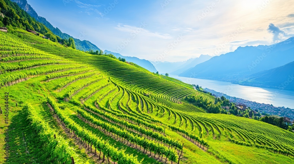 Fototapeta premium Terraced Vineyard on Hillside Overlooking Lake and Mountains