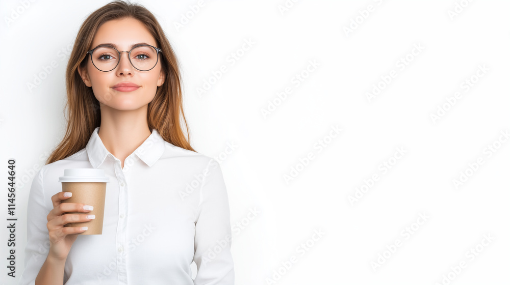A businesswoman standing and holding a cup of coffee on white background. A businesswoman standing and holding a cup of coffee on white background.
