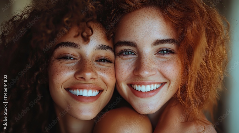 A lesbian couple smiles and hugs in a studio, showing love and care in their LGBTQ relationship. A lesbian couple smiles and hugs in a studio, showing love and care in their LGBTQ relationship.