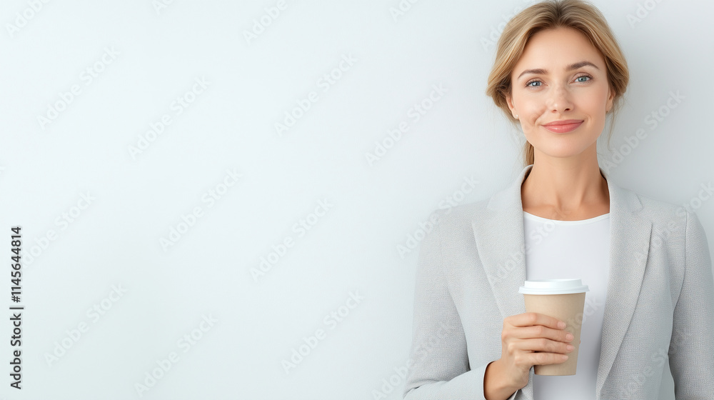 A businesswoman standing and holding a cup of coffee on white background. A businesswoman standing and holding a cup of coffee on white background.