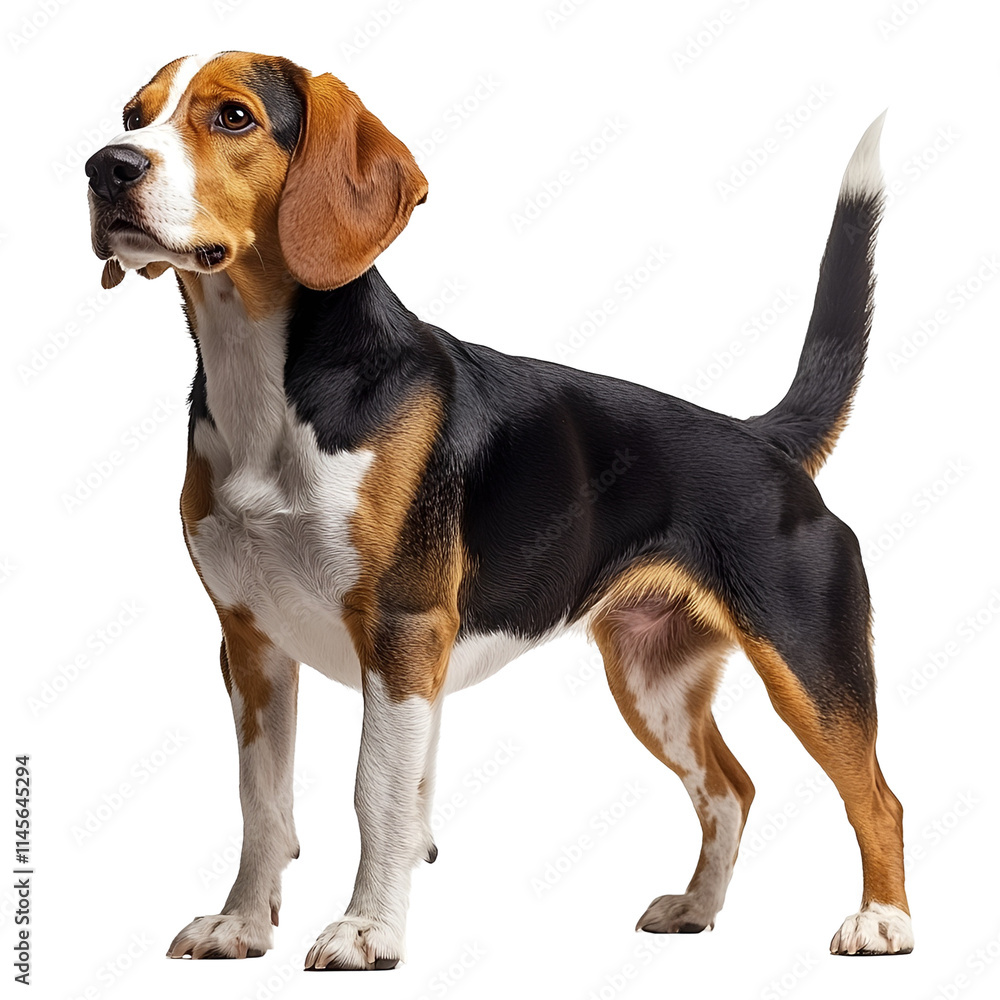 Angled view full body shot of an extremely perfect looking single American Foxhound animal isolated on a white transparent background Angled view full body shot of an extremely perfect looking single American Foxhound animal isolated on a white transparent background