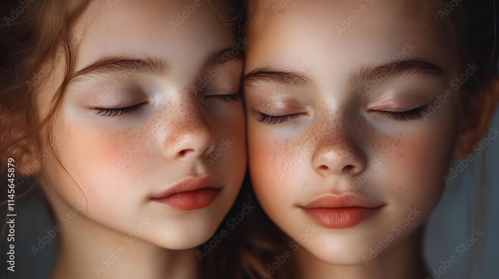 Twin girls with freckles peacefully sleeping together Twin girls with freckles peacefully sleeping together