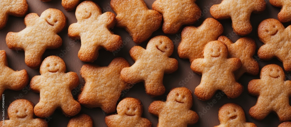 Fototapeta premium Background of golden-brown cookies shaped like cheerful dancing gingerbread men arranged in a playful pattern on a dark surface