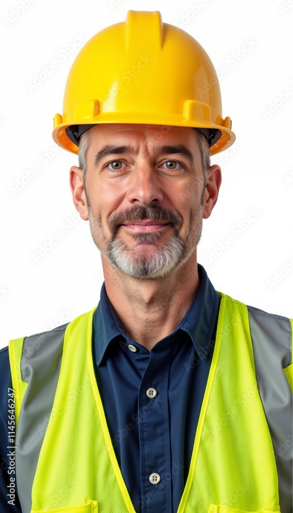 Senior construction consultant with gray beard in yellow vest on white background Senior construction consultant with gray beard in yellow vest on white background