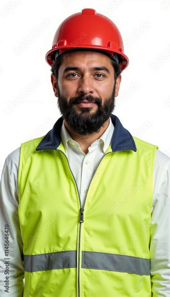 Middle Eastern builder in reflective vest and red hardhat showing reliability on white background Middle Eastern builder in reflective vest and red hardhat showing reliability on white background