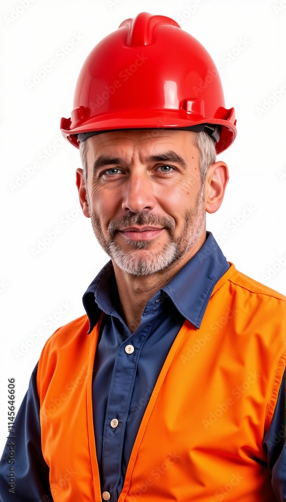 Senior construction foreman in orange vest and red hardhat showing authority on white background Senior construction foreman in orange vest and red hardhat showing authority on white background