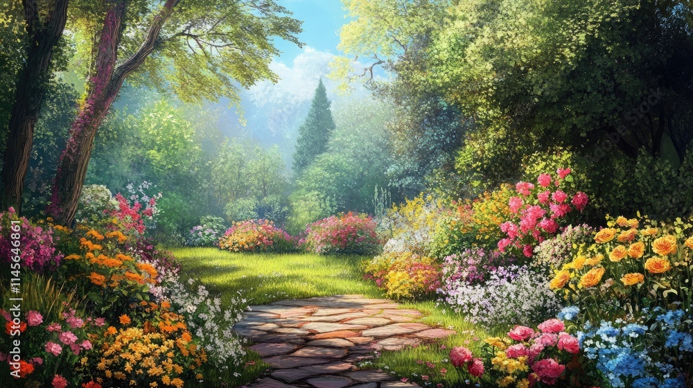 Lush vibrant garden path surrounded by colorful blooming flowers in a serene natural setting under sunny blue skies. Lush vibrant garden path surrounded by colorful blooming flowers in a serene natural setting under sunny blue skies.