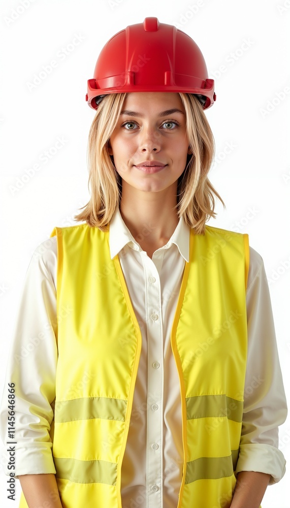 Cheerful female builder in yellow safety vest and red hardhat on white background Cheerful female builder in yellow safety vest and red hardhat on white background