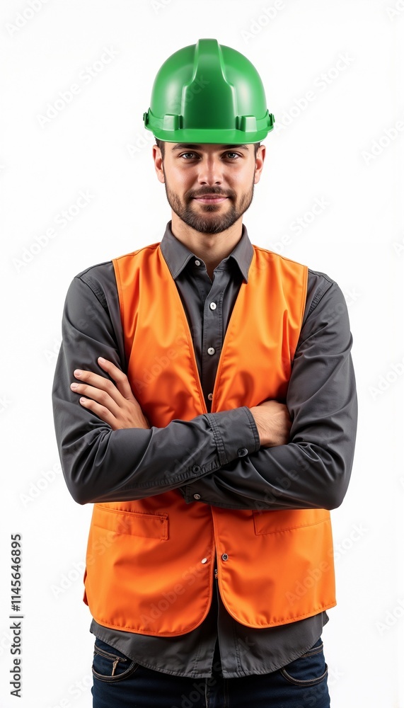 Young construction supervisor with beard in orange vest and green hardhat on white background Young construction supervisor with beard in orange vest and green hardhat on white background
