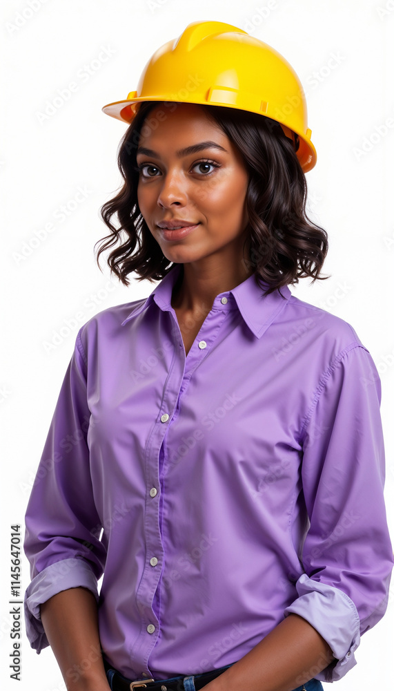African American female engineer in purple shirt and yellow hardhat showing professionalism on white background African American female engineer in purple shirt and yellow hardhat showing professionalism on white background