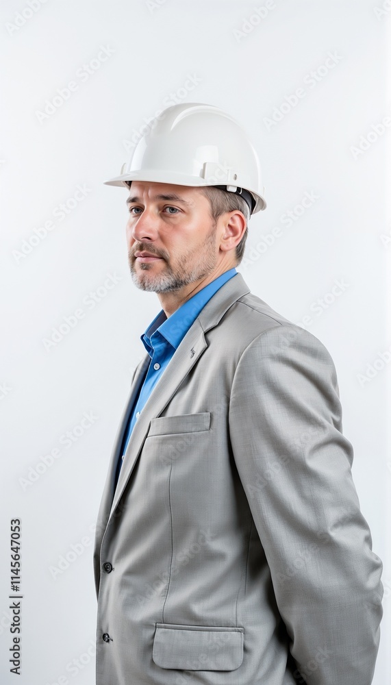 Senior construction consultant in gray suit and white hardhat displaying professionalism on white background Senior construction consultant in gray suit and white hardhat displaying professionalism on white background
