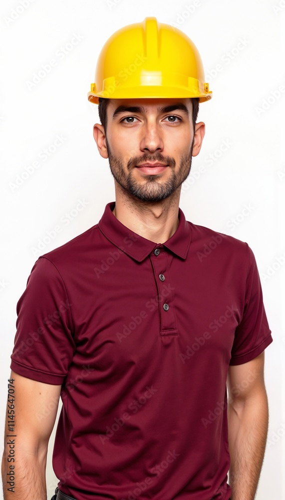 Young construction worker in burgundy polo shirt and yellow hardhat on white background Young construction worker in burgundy polo shirt and yellow hardhat on white background