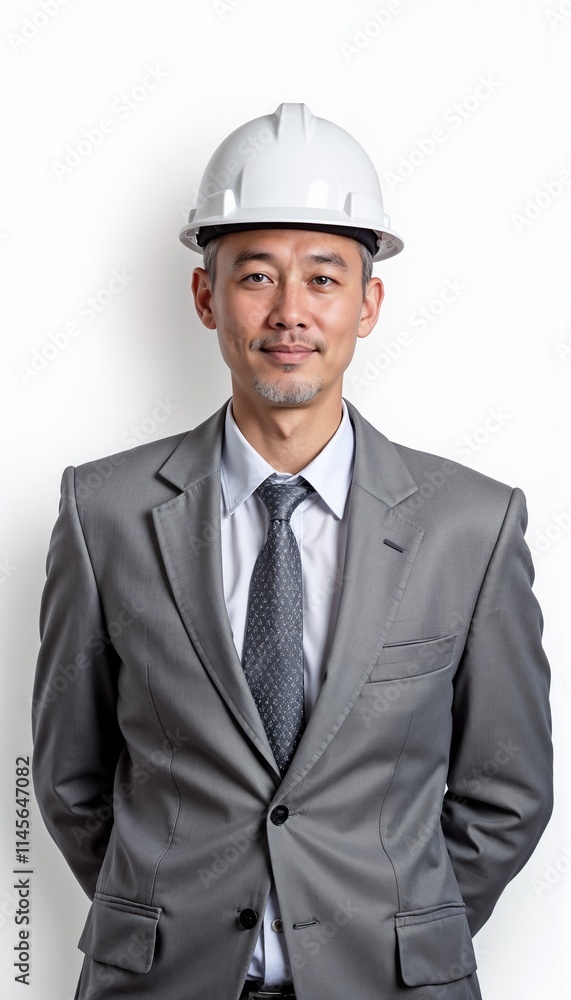 Asian construction executive in gray suit and white hardhat portraying leadership on white background Asian construction executive in gray suit and white hardhat portraying leadership on white background