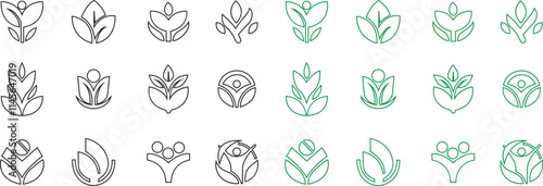 Eco friendly icons set in black and green line style. Ecologic food stamp. Organic natural food vectors illustration. Element designs for natural concept collection isolated on transparent background.