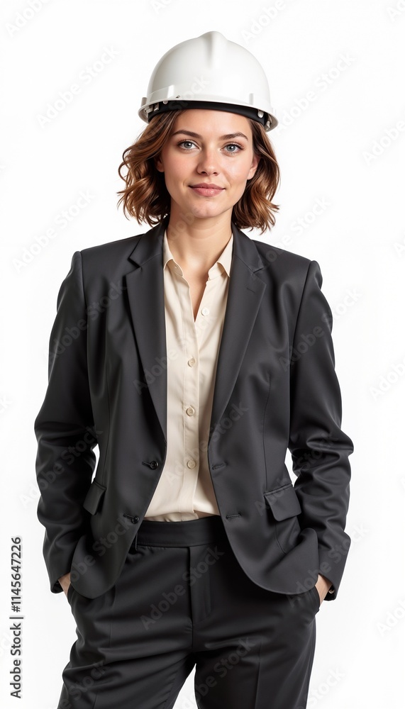Female architect in black suit and white hardhat displaying executive presence on white background Female architect in black suit and white hardhat displaying executive presence on white background