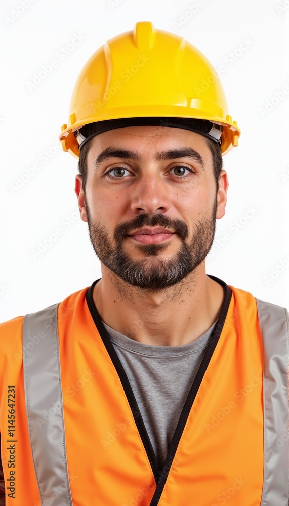 Construction worker in orange vest and yellow hardhat showing confidence on white background Construction worker in orange vest and yellow hardhat showing confidence on white background