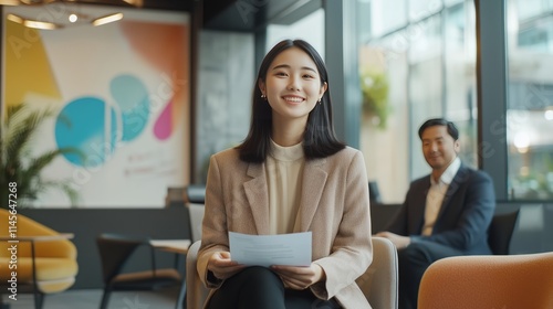 A young Asian woman confidently presents her resume to a diverse panel in a bright corporate meeting room.