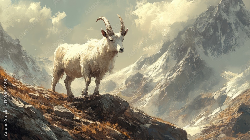 Fototapeta premium majestic mountain goat standing on rocky terrain with snow-capped peaks in the background showcasing natural wilderness and rugged beauty