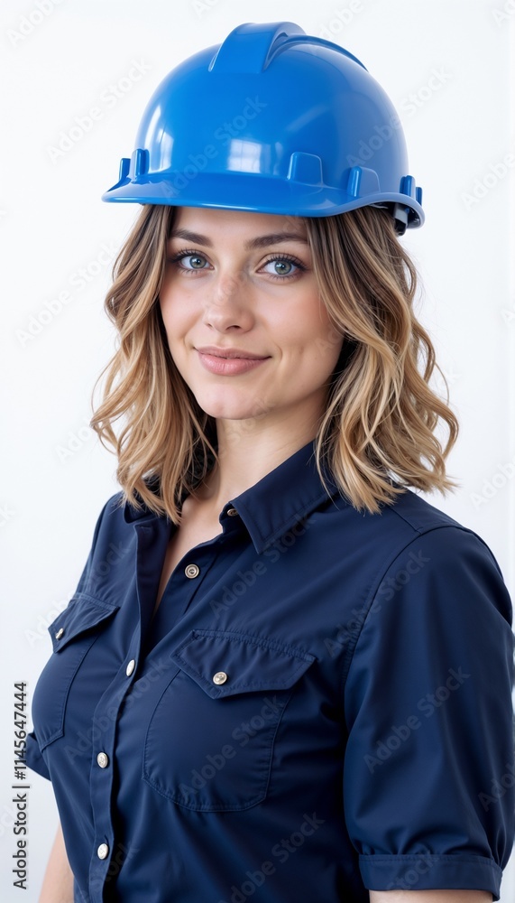 Female construction engineer in navy shirt and blue hardhat showing confidence on white background Female construction engineer in navy shirt and blue hardhat showing confidence on white background