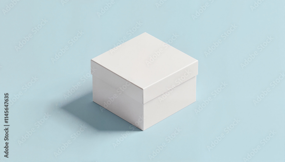 Closed white square box on a light blue background, suitable for packaging and presentation Closed white square box on a light blue background, suitable for packaging and presentation