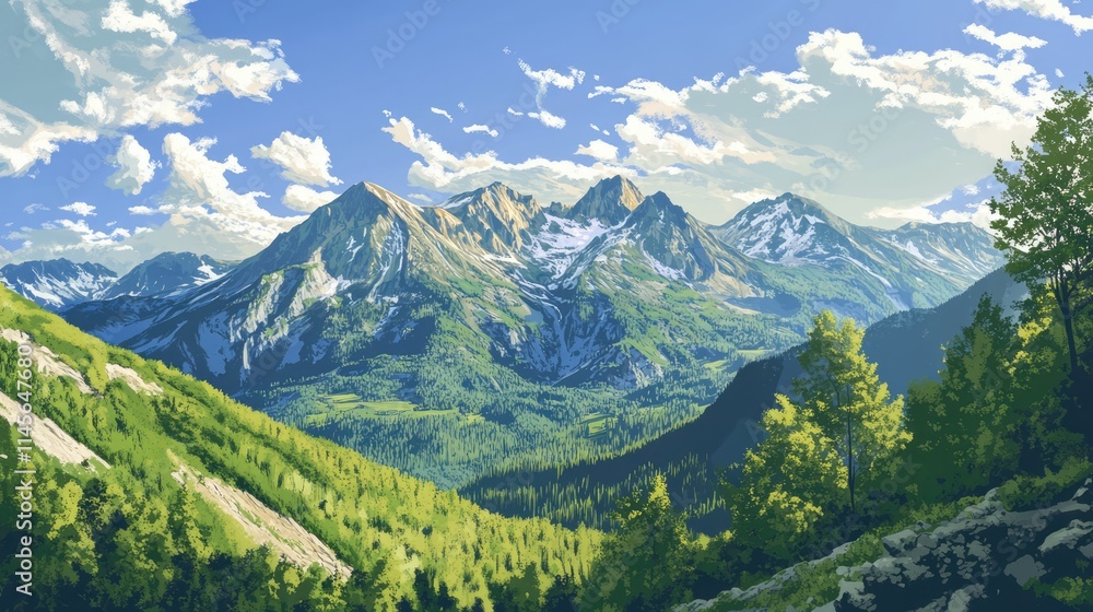 Naklejka premium Scenic panorama of lush green mountains under a bright blue sky with fluffy clouds showcasing nature's beauty and tranquility.