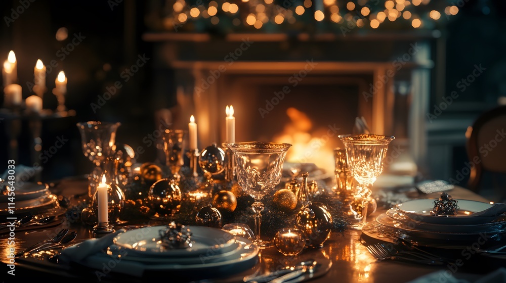 A luxurious Christmas dinner table set with candles, sparkling ornaments, and a cozy fire crackling in the background. A luxurious Christmas dinner table set with candles, sparkling ornaments, and a cozy fire crackling in the background.