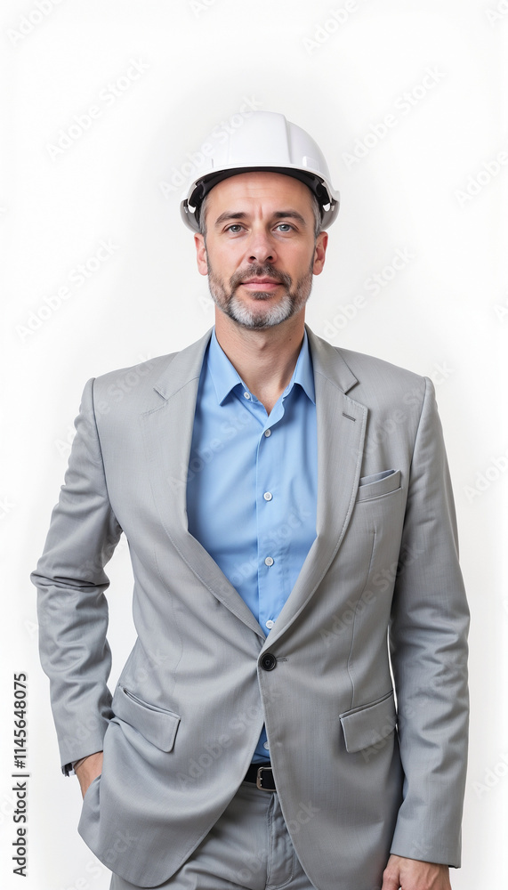 Senior construction executive in gray suit and white hardhat showing authority on white background Senior construction executive in gray suit and white hardhat showing authority on white background