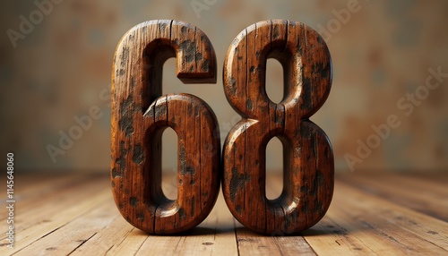 Rustic Wooden Number Sixty-Eight on Wooden Surface photo