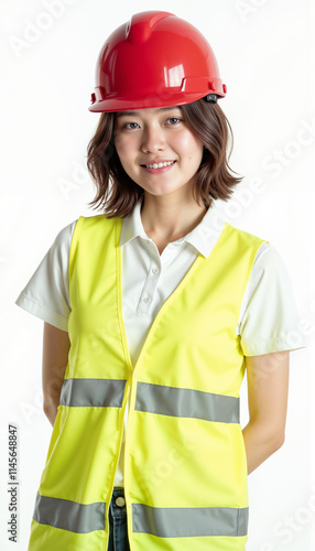 Female construction worker in reflective vest and red hardhat displaying reliability on white background photo