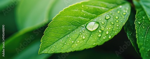 Macro natural idea. Close-up of a green leaf with droplets of water, showcasing nature's beauty and freshness.