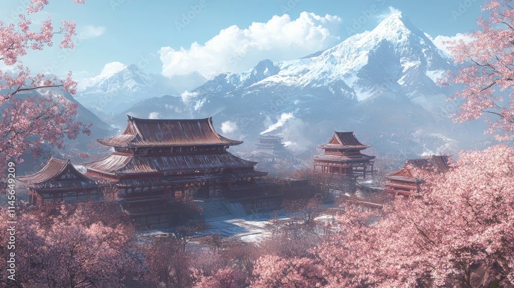 Obraz premium Beautiful Traditional Temple Complex Surrounded by Cherry Blossoms