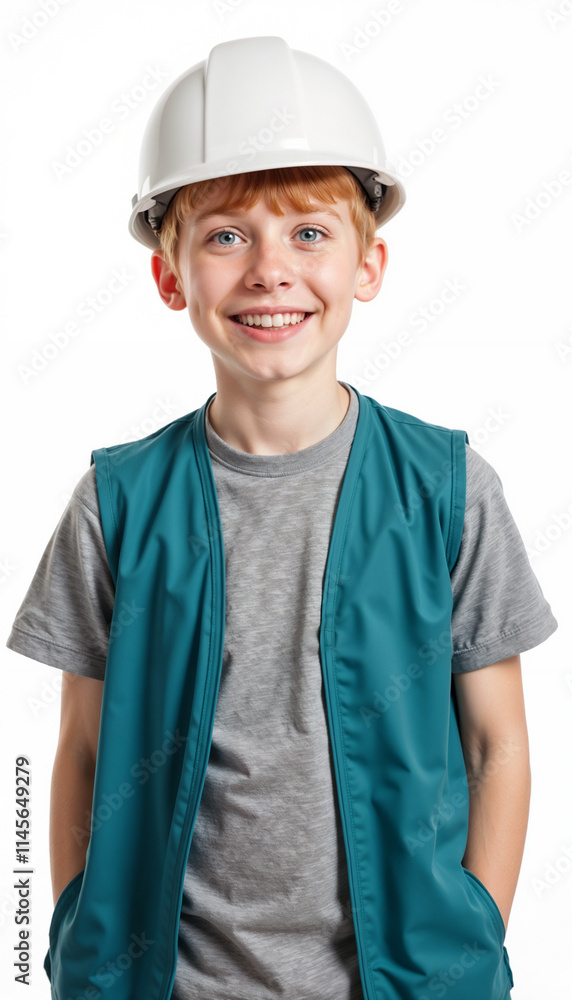 Young apprentice builder in teal vest and white hardhat displaying enthusiasm on white background Young apprentice builder in teal vest and white hardhat displaying enthusiasm on white background