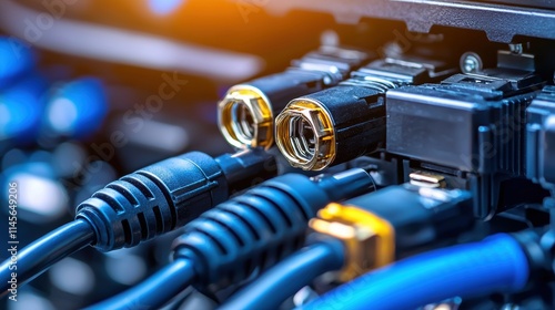 mechanics repair concept Close-up of various audio and video cables connected to devices in a tech environment.