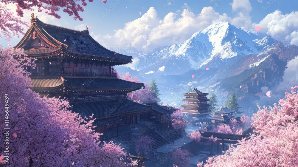 Traditional Temple Complex Surrounded by Cherry Blossoms and Mountains Traditional Temple Complex Surrounded by Cherry Blossoms and Mountains