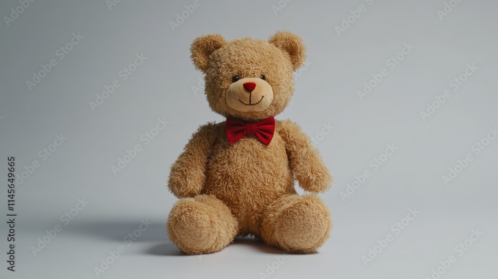 Obraz premium A fluffy, classic brown teddy bear doll with a red bow tie sitting upright, its soft fur and stitched details clearly visible against a solid white background, creating a warm and nostalgic atmosphere