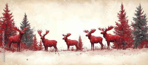 Festive Christmas banner with red moose silhouettes and evergreen trees ideal for seasonal greetings or holiday promotions photo