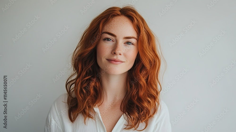 A graceful woman with medium-length wavy red hair, full of natural volume and shine. Her flowing locks frame her confident expression beautifully, contrasted by the purity of the white backdrop. A graceful woman with medium-length wavy red hair, full of natural volume and shine. Her flowing locks frame her confident expression beautifully, contrasted by the purity of the white backdrop.